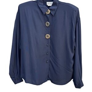 Mirrors Vintage 80s Navy Blue Blouse Oversized Buttons Made in USA Small Retro